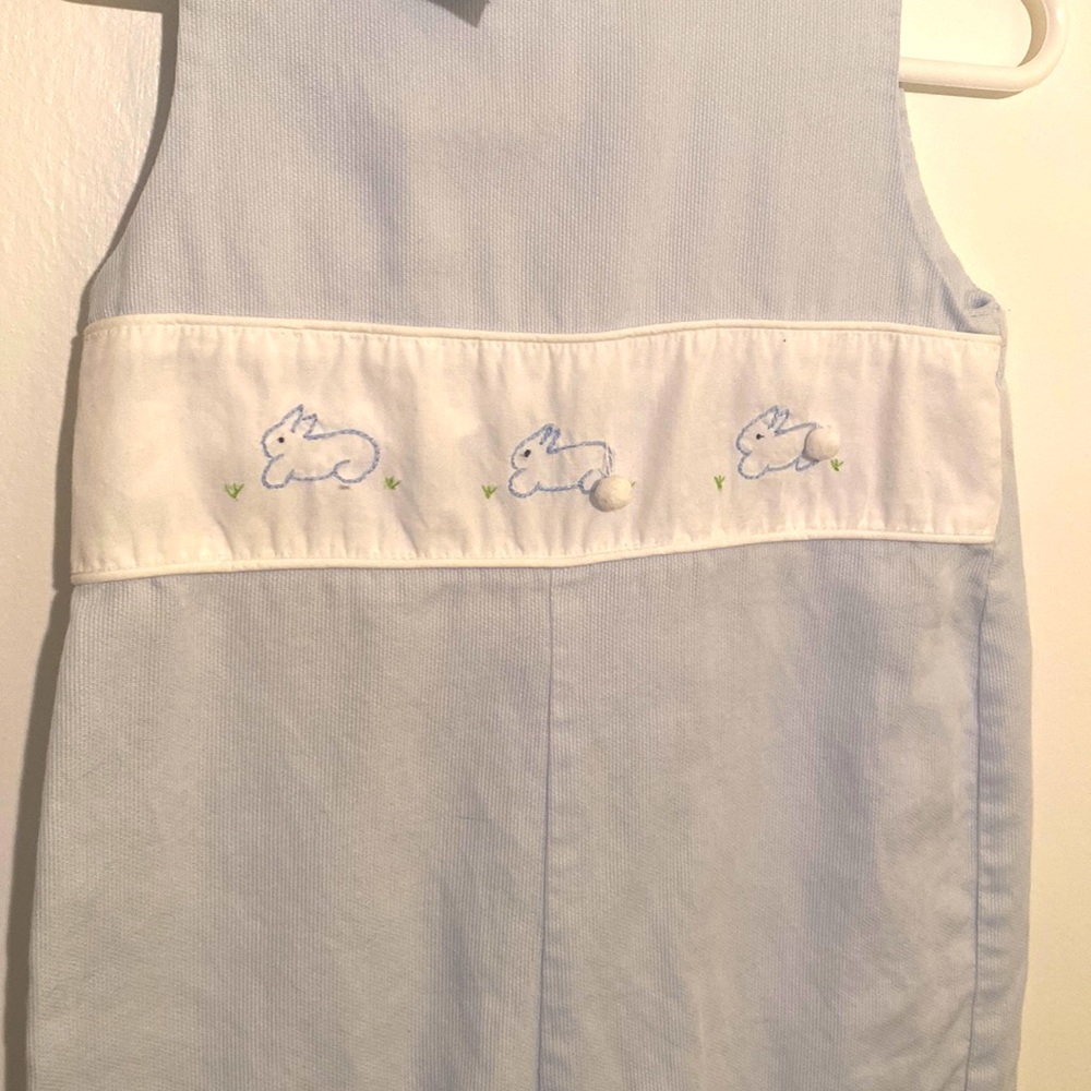 Bella Bliss Baby Blue Shortall with Bunny Appliqué. Size 12M.